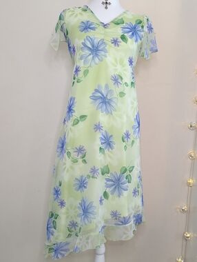 Vintage Asymmetrical Pastel Green Dress with Blue Floral Print